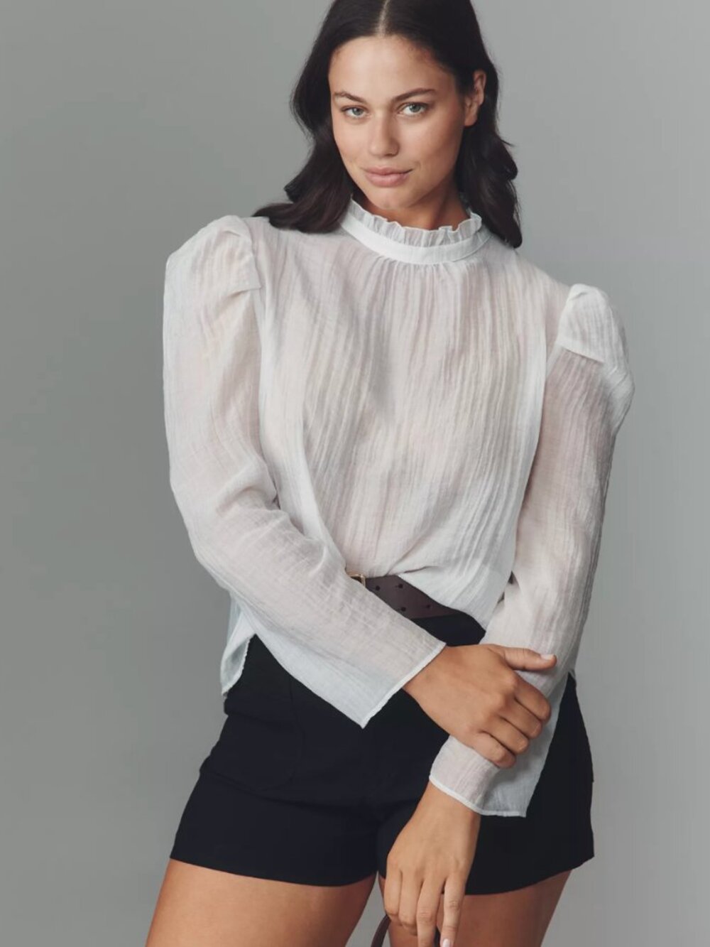 Anthropologie Maeve White Puff Sleeve Sheer Crinkle Gauze Blouse Top Womens Lg